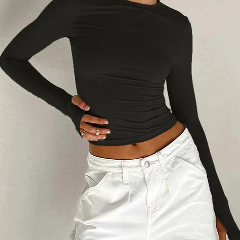 Chic Long Sleeve Women’s Crop Top with Thumb Holes - Slim Fit Casual Tee for Effortless Summer Style