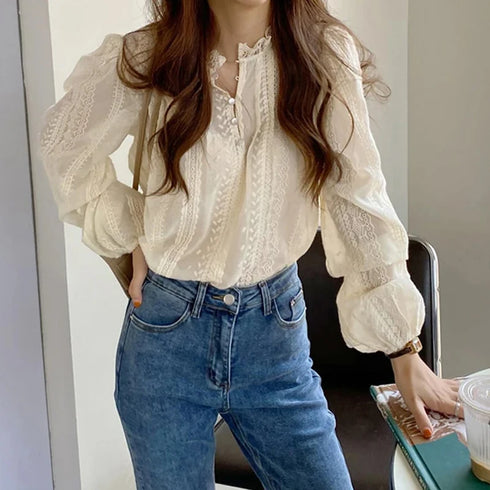 Elegant Apricot Long Sleeved Blouse with Lace Detail