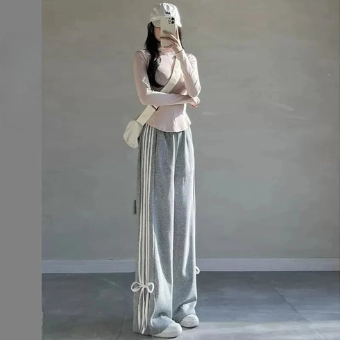 Plus Size Y2K Wide Leg Pants with Bow Tie Detail