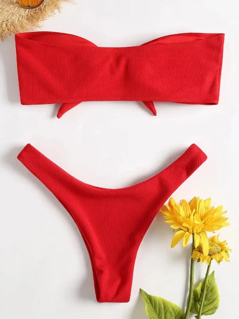 Women's Low Waisted Thong Bikini Bottoms - Red & White
