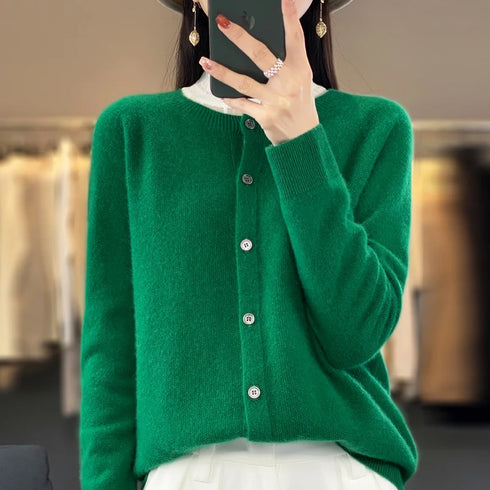 100% Pure Merino Cashmere O-Neck Cardigan for Women