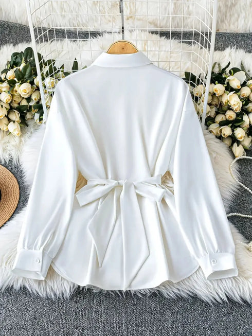 French-Inspired Cinched Waist Blouse in White