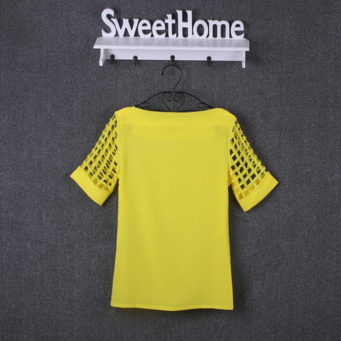 Summer Blouse Sexy Women Ladies Hollow Sleeve Slash Neck Loose Solid Shirts Casual Tops