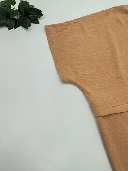 Plus size solid color khaki women round neck bat wing sleeves loose shirt waterfall top