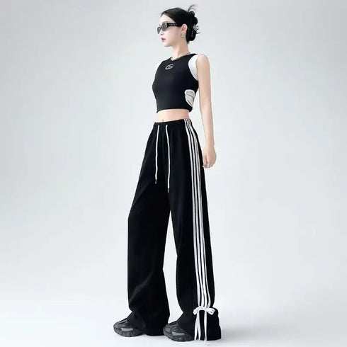 Plus Size Y2K Wide Leg Pants with Bow Tie Detail
