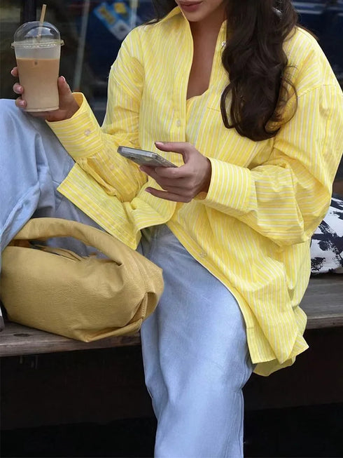 Women's Casual Yellow Long Sleeve V-Neck Blouse