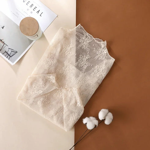 Lace Detail Turtleneck Long Sleeve Blouse