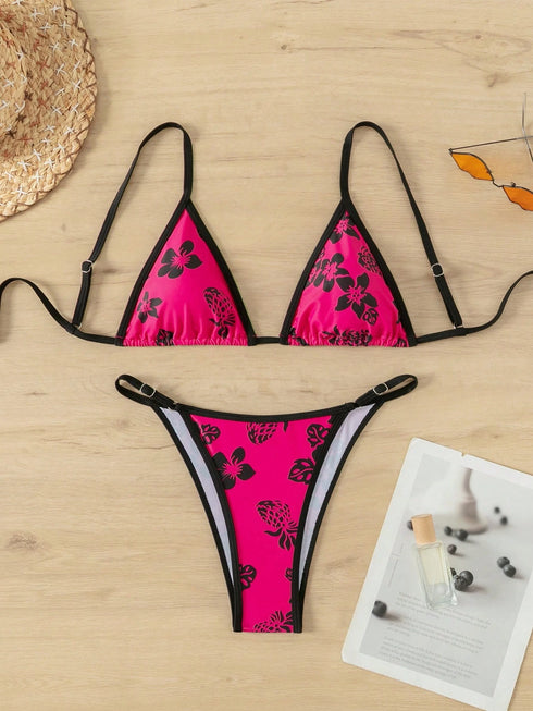 Floral Contrast Print Adjustable Bikini Set