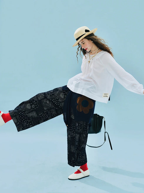 Imakokoni Autumn Loose Cotton T-Shirt with Lace Collar