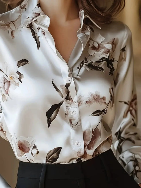 Elegant Intellectual Women's Satin Floral Print Shirt | Soft & Smooth V-Neck Long-Sleeve Button Formal Top for Spring