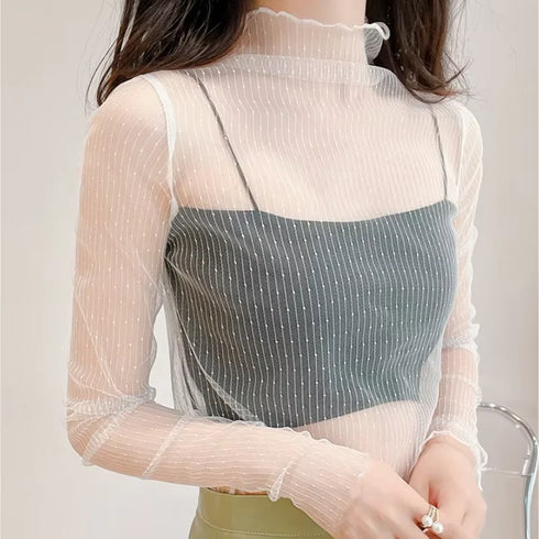 Lace Bottomed Long Sleeve Blouse Top