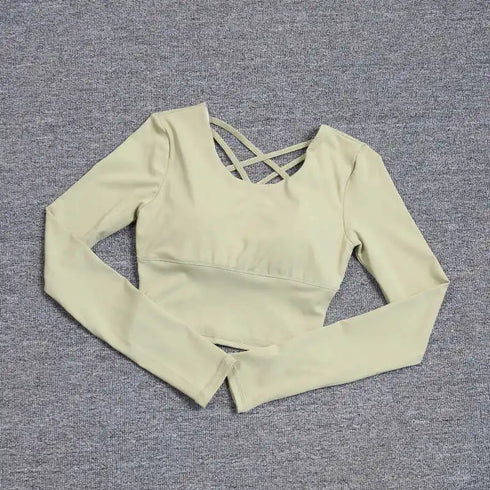 Women's hollow-out back with a built-in bra, long-sleeved yoga top, quick-drying, one-piece bra, pil training fitness suit.