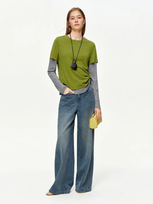 DUSHU Women's Green and Grey Layered Knit Top