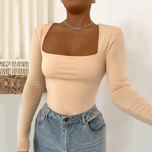 Long Sleeve Bodycon Bodysuit with Square Neck