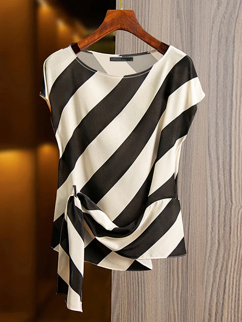 Korean Striped Short Sleeve Blouse for Women