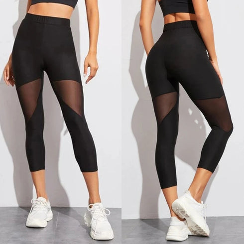 Black Patchwork Mesh Leggings for Women