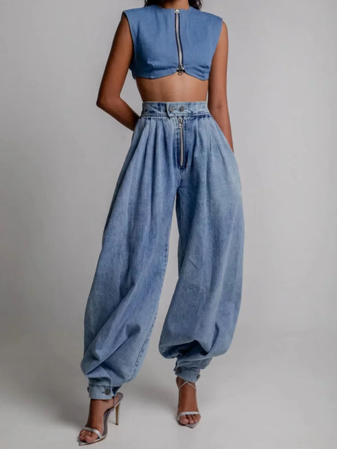 High Waisted Denim Harem Pants for Women