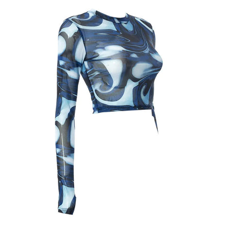 Sheer Print Mesh Crop Top with Long Sleeves
