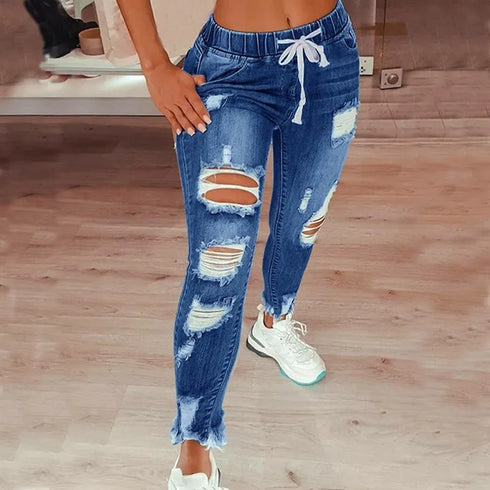 Women's Mid Waist Lace-Up Slim Fit Denim Jeans