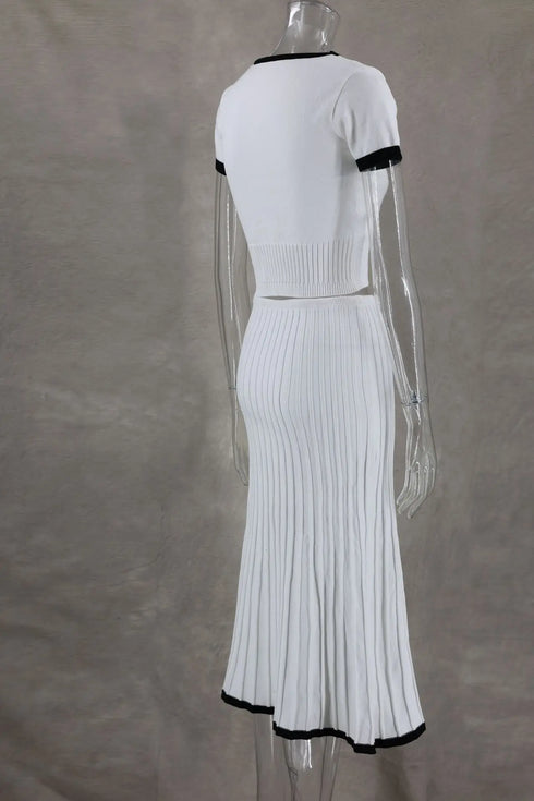 Elegant White Pleated Skirt Set with Short Sleeve Top