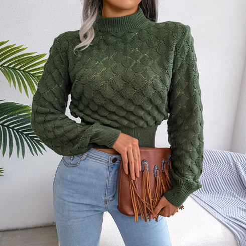 Hollow Out Long Sleeve Knitted Crop Top in Grey and Khaki