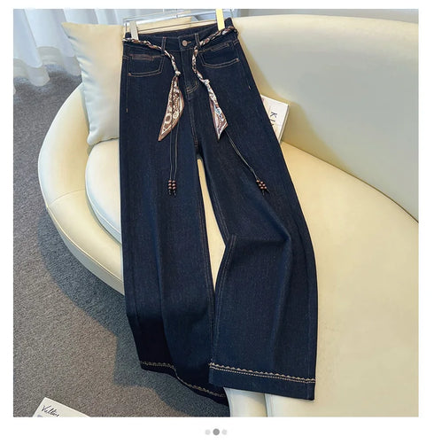 Wide Leg Denim Jeans with Scarf Belt