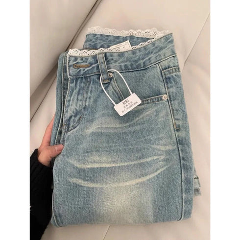 Botvotee Vintage Low Waisted Straight Leg Jeans - Light Blue