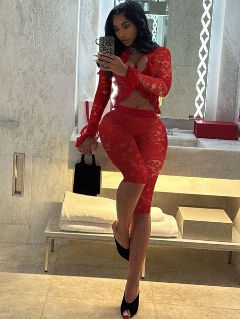 Black Jacquard Co-ord Set with Ruffled Crop Top & Shorts