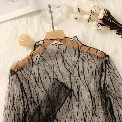 Sheer Lace Long Sleeve Turtleneck Top for Women
