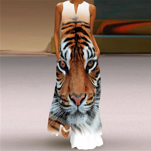 Fresh Floral Print Summer Open Neck Long Dress V-neck Sleeveless Beach Dress with Pockets