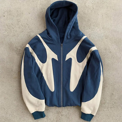 Geometric Pattern Zip-Up Hoodie in Grey