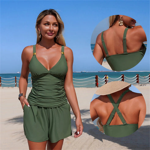 Ruched Tankini Set with Pockets - Green