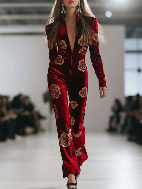 Elegant Velvet Wide Leg Jumpsuit with Deep V Neck