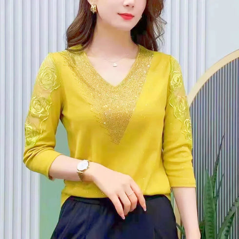 Casual Long Sleeve V-Neck Lace Patchwork Blouse