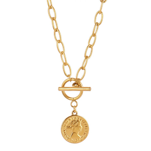 316L Stainless Steel Carved Queen Coin Pendant Necklace