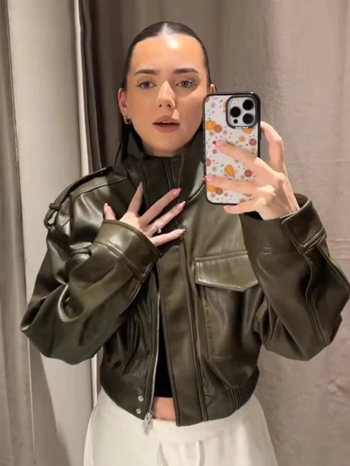 Chic Faux Leather Jacket for Women - Casual Long Sleeve