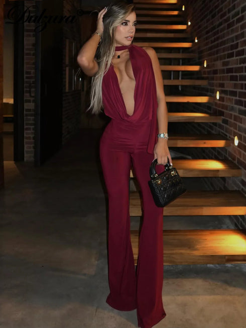 Dulzura Backless Lace-Up Flared Jumpsuit in Wine Red