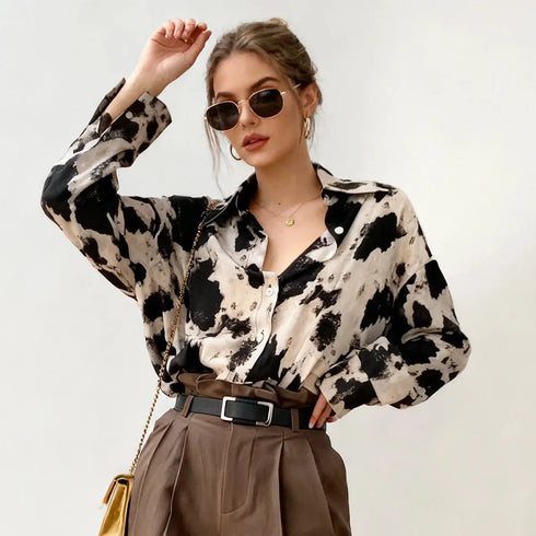 Spring Cow Print Button-Up Blouse for Women