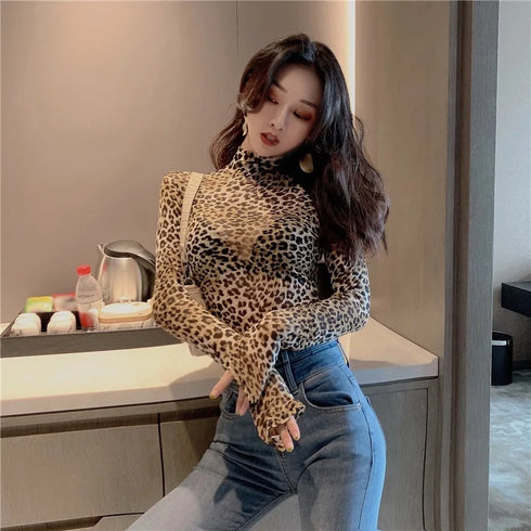 Women’s Leopard Print Turtleneck Long Sleeve Top