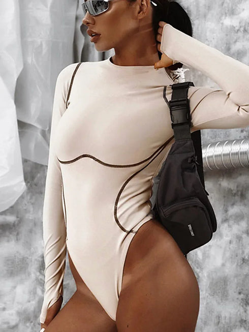 Long Sleeve Striped Line Patchwork Bodycon Playsuit