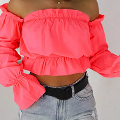 Candy Colour Off Shoulder Crop Top with Dot Print