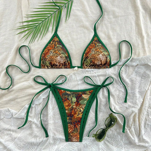 Green Border Leopard Print Bikini Swimsuit