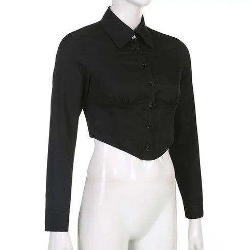 Zadily Long Sleeve Button-Up Crop Top in Black