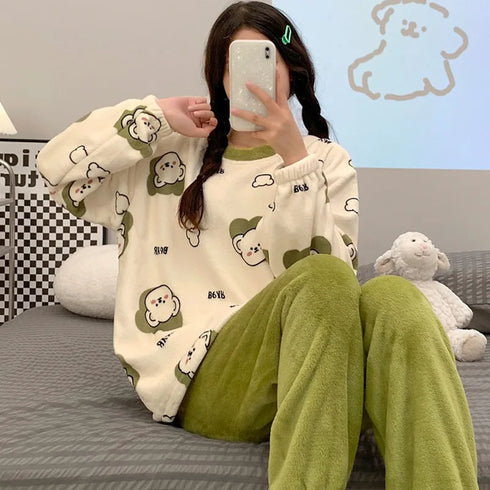 Flannel Warm Pyjamas Set for Women's Plus Size Loungewear