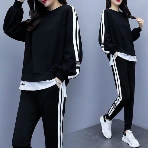 Women's Casual Loungewear Set - Long Sleeve Crop Top & Pants