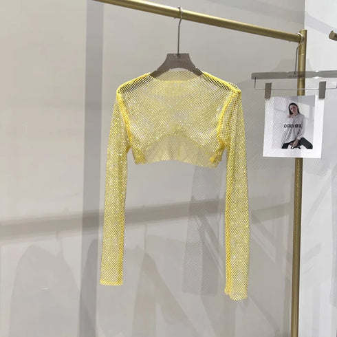 Hollow Out Rhinestone Long Sleeve Crop Top