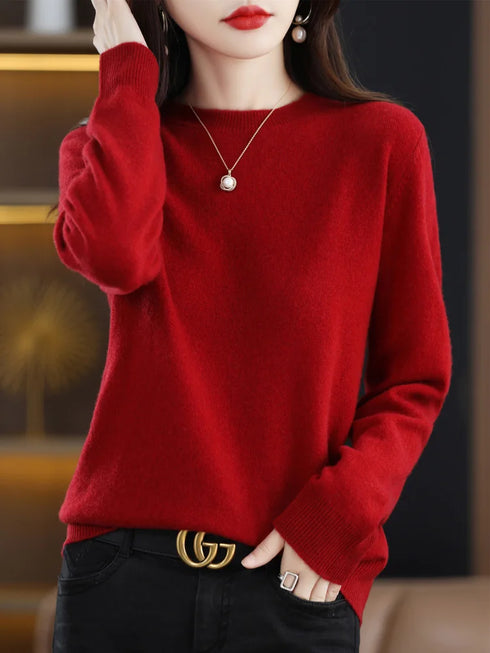 Women's 100% Merino Wool O-Neck Pullover Sweater