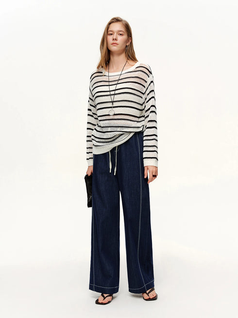 DUSHU Women's Contrast Topstitching Straight Leg Jeans