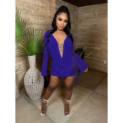 Deep V-Neck Backless Top & Drawstring Mini Skirt Set