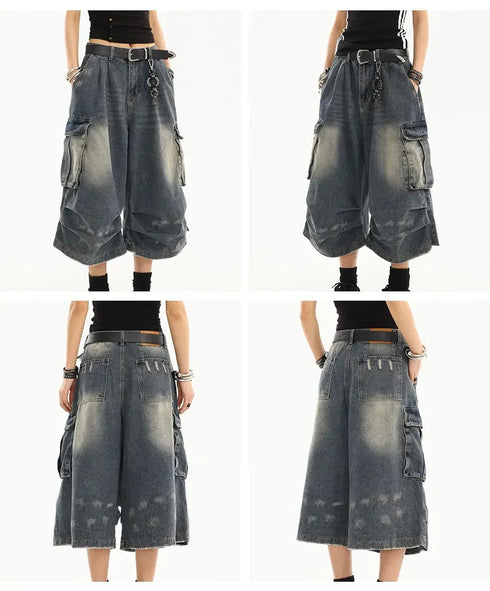 High Waist Vintage Blue Denim Cargo Pants